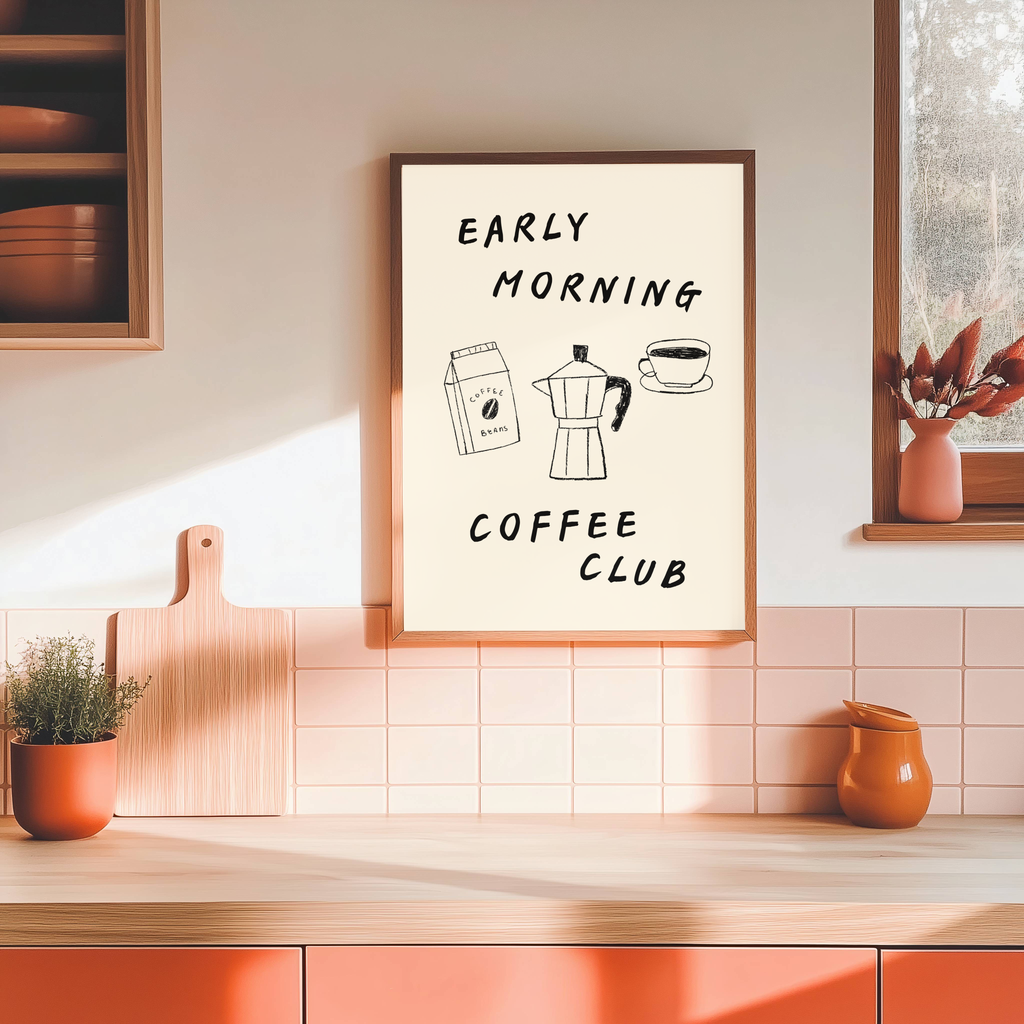 Early Morning Coffee Club Kitchen Wall Art Print | Coffee Illustration for Kitchen