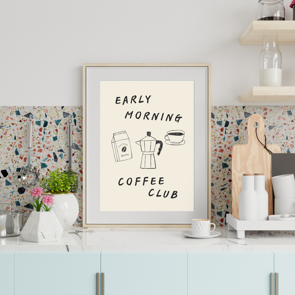 Early Morning Coffee Club Kitchen Wall Art Print | Coffee Illustration for Kitchen