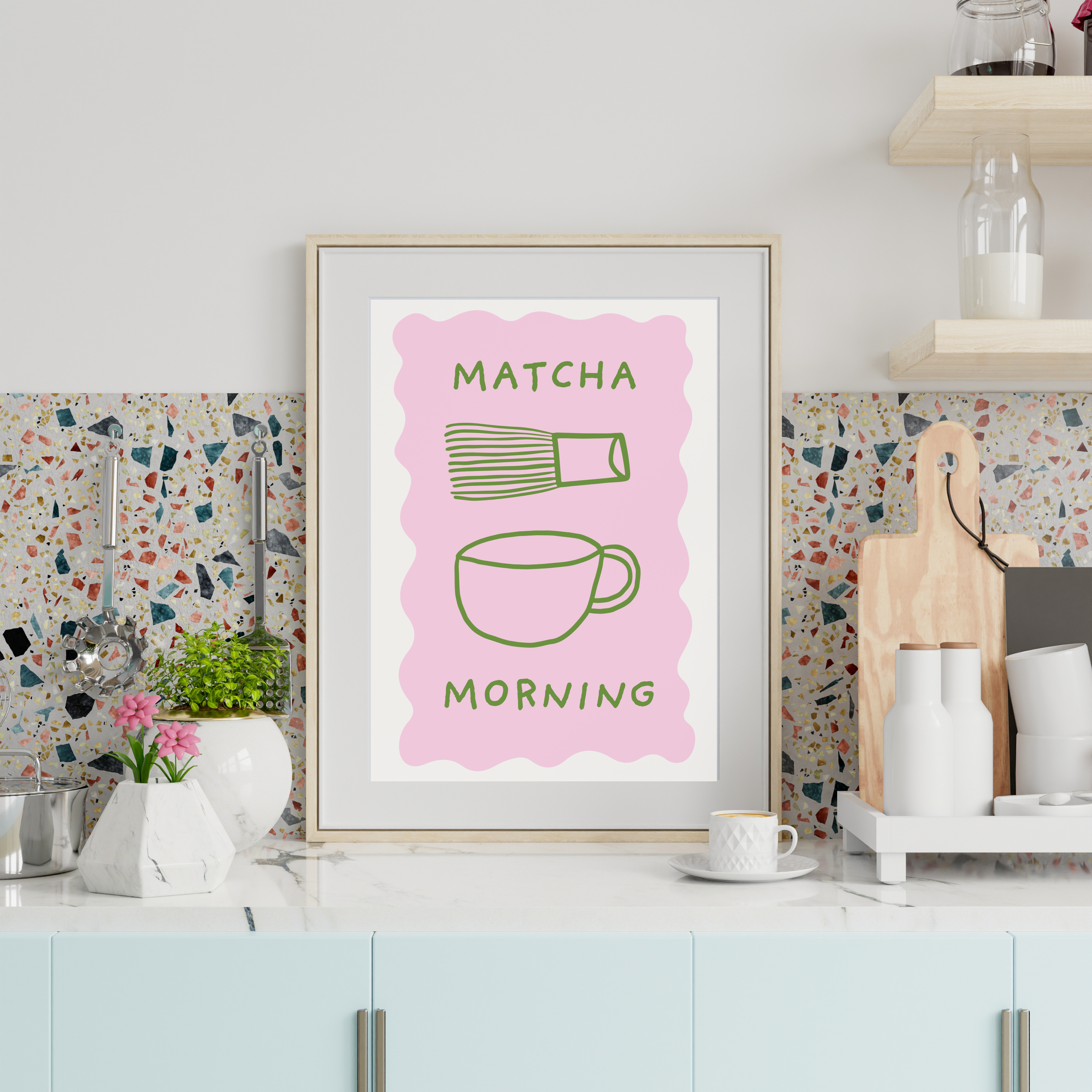 Matcha Morning Kitchen Wall Art Print | Matcha Tea Illustration for Kitchen & Coffee Bar