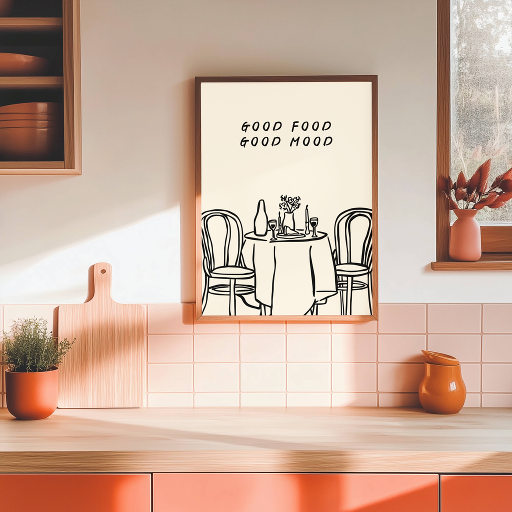 Good Food Good Mood Kitchen Wall Art Print | Dining Room Food Quote Illustration