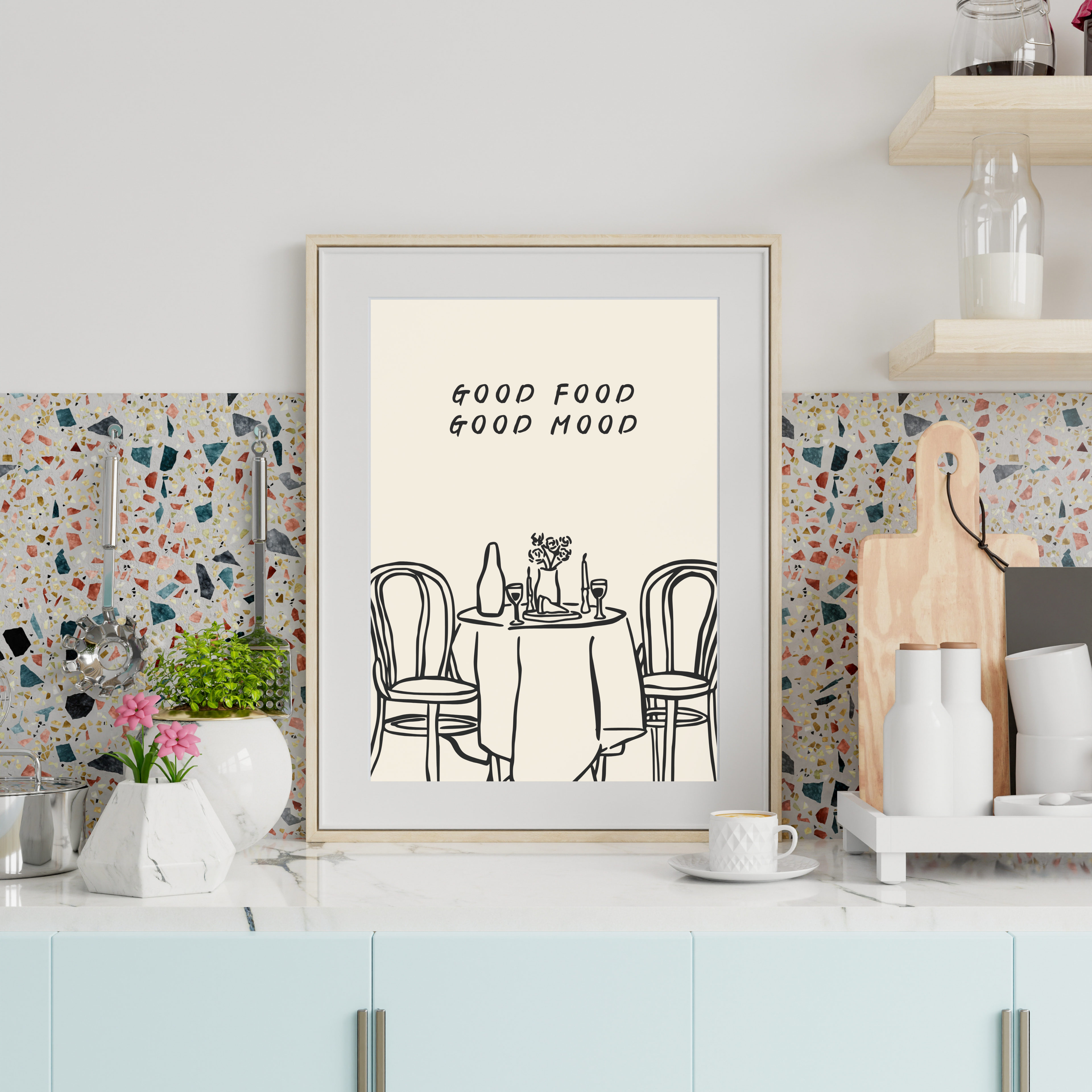 Good Food Good Mood Kitchen Wall Art Print | Dining Room Food Quote Illustration