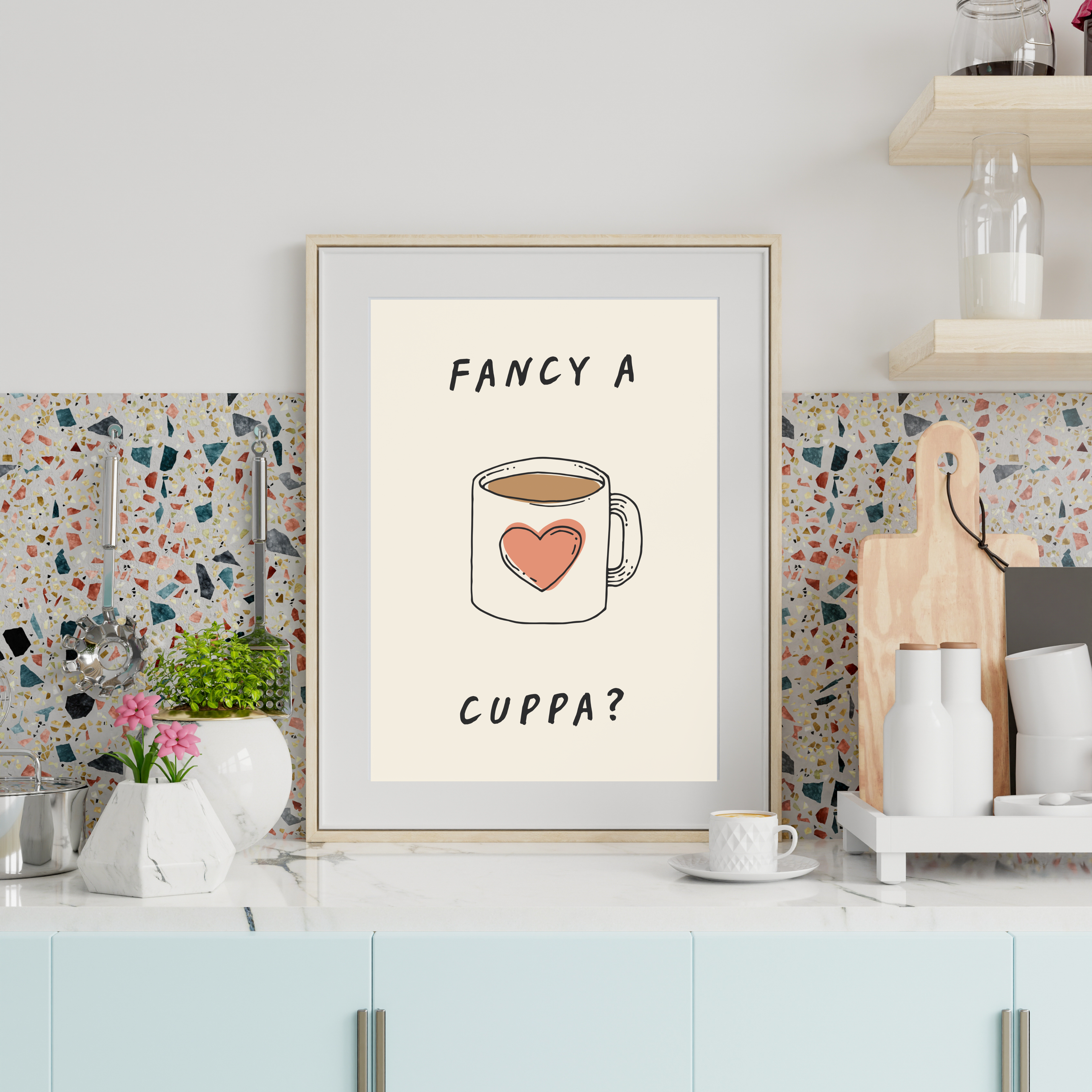 Fancy a Cuppa? Kitchen Wall Art Print | Tea & Coffee Quote Illustration
