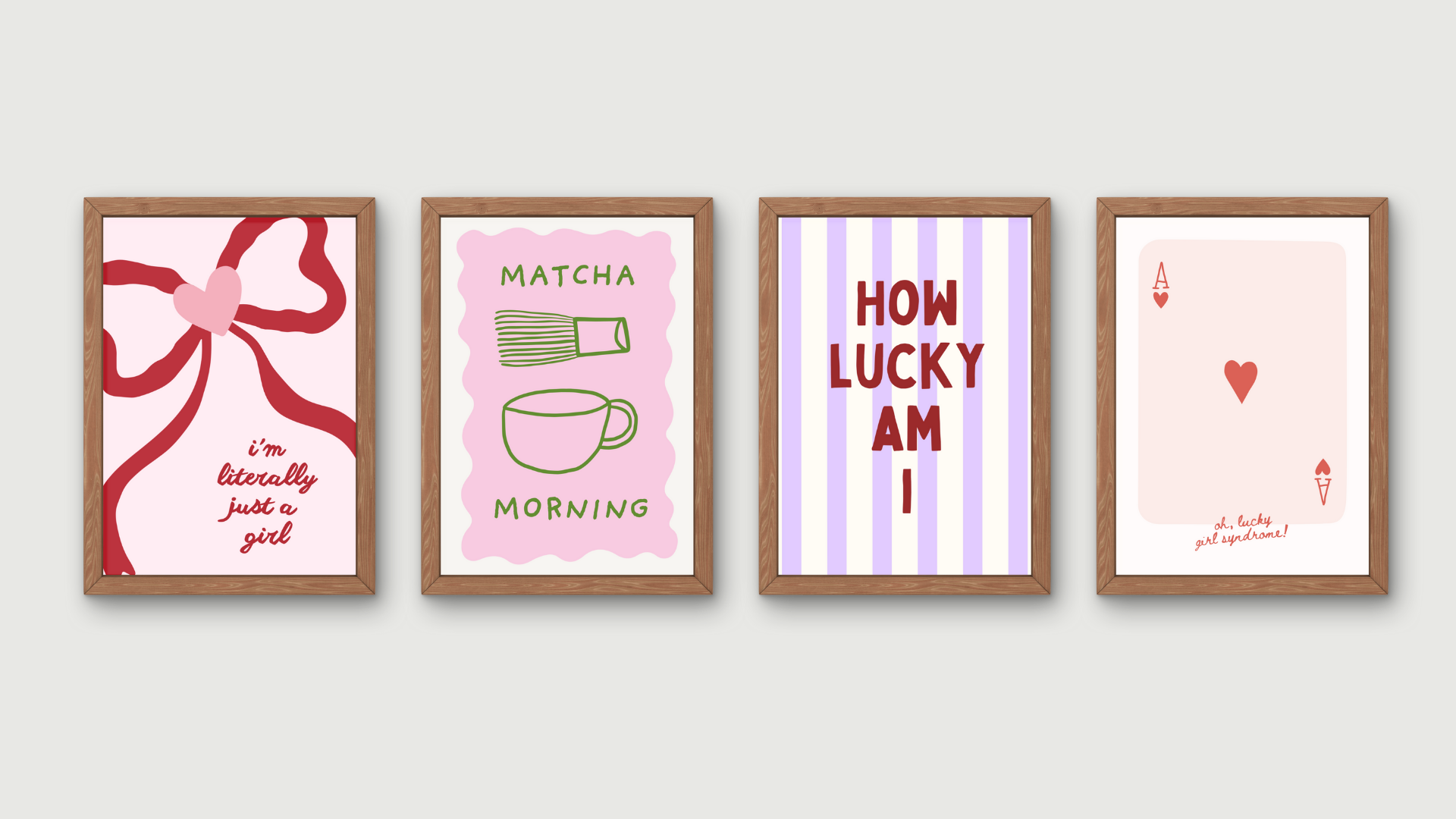 Four framed prints with motivational and decorative text on a white wall.